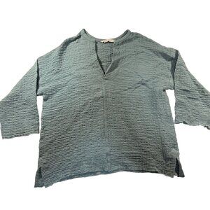Zara Womens Textured Teal V-Neck Top With 3/4 Sleeves Size Small